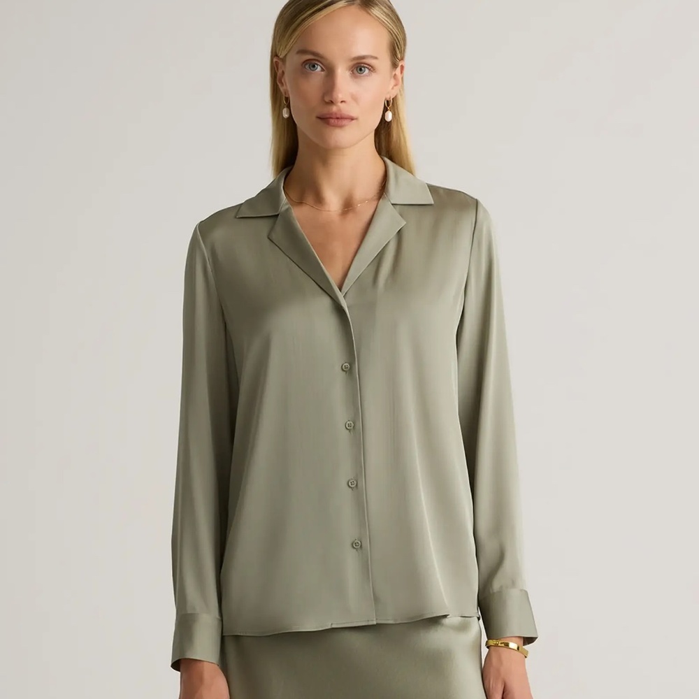 Quince Washable Stretch Silk Notch Collar Blouse Faded Seagrass Large